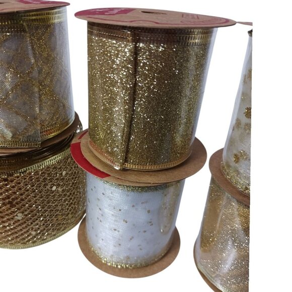 Meedee 2.5" Wired Edge Glitter Christmas Ribbon Set 6 Rolls Gold & White 36 Yard - Picture 8 of 10